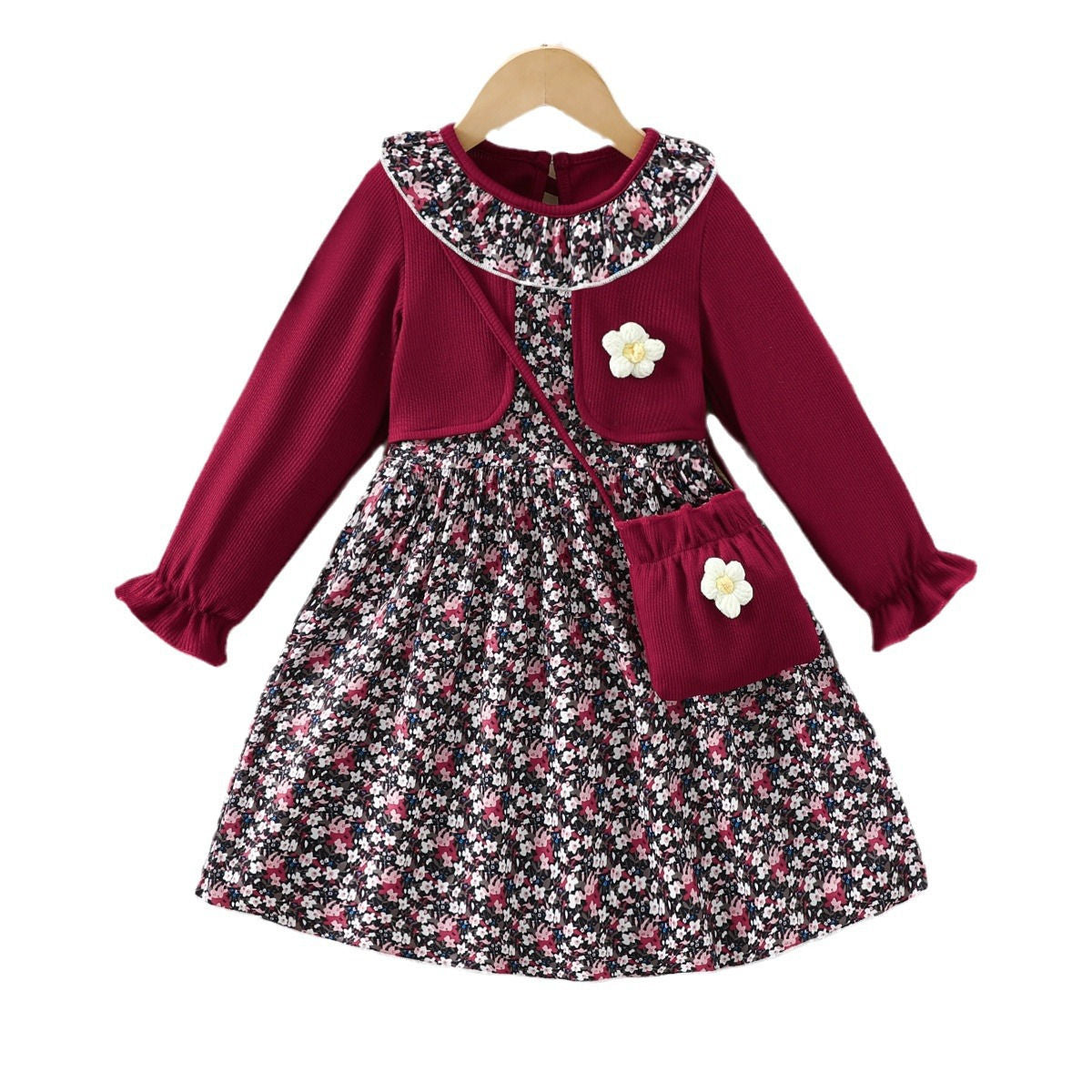 Girls Floral Dress Knitted Splicing Top Princess Dress Autumn Ruffles