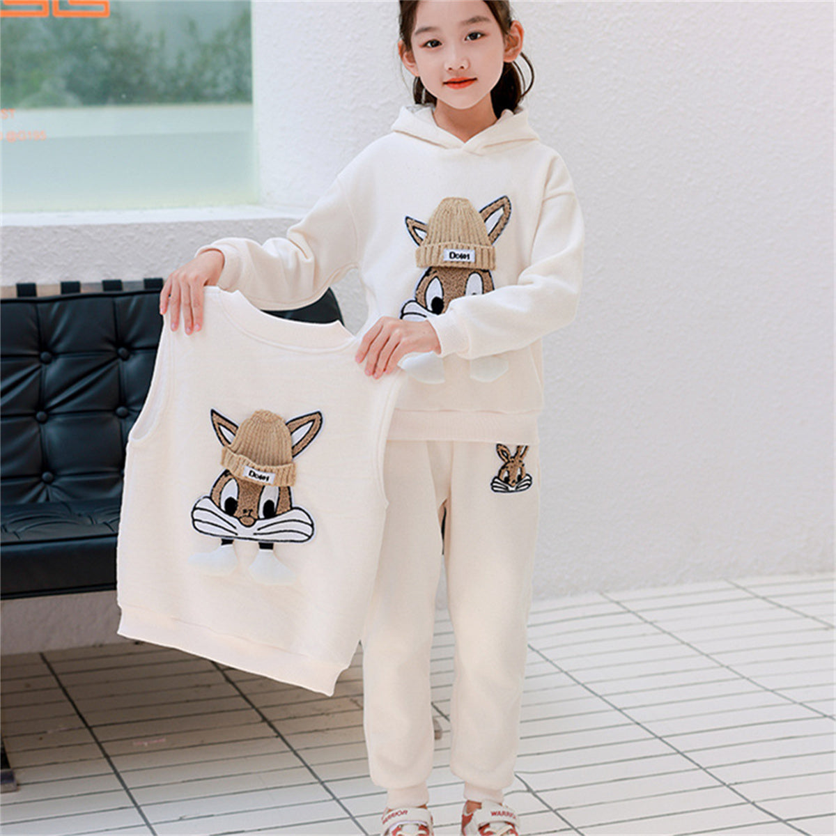 Girls autumn and winter three-piece suits plus velvet and thick sports casual style cute pattern multi-piece suit