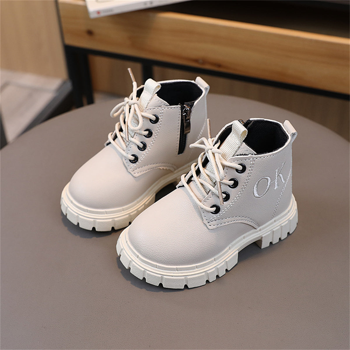 Children's autumn and winter solid color non-slip wear-resistant zipper letter lace-up Martin boots for boys and girls