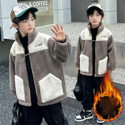 Winter plush and thickened color matching casual jacket for boys and girls