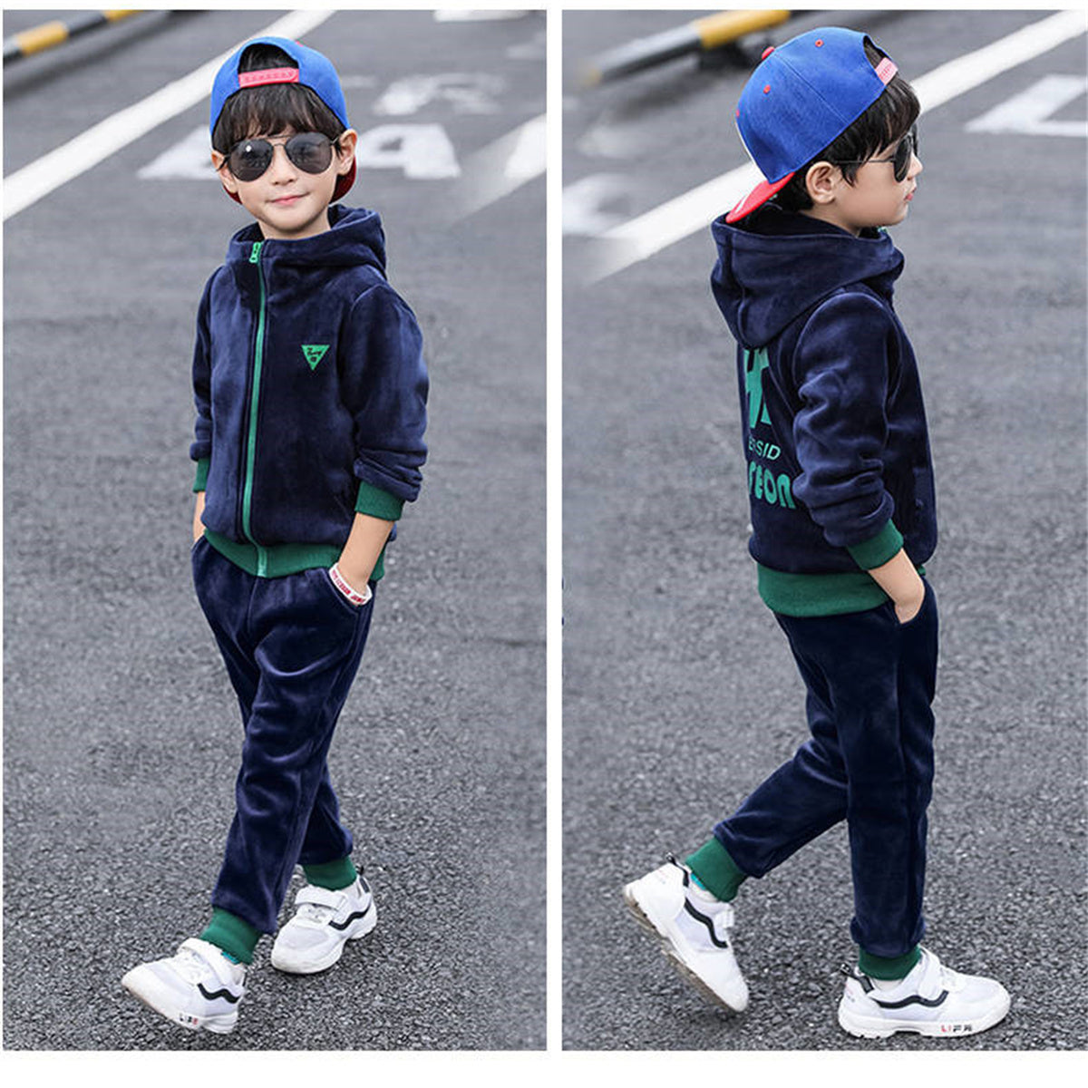 Boys' two-piece double-faced fleece suit with hood and fleece sweater for autumn and winter