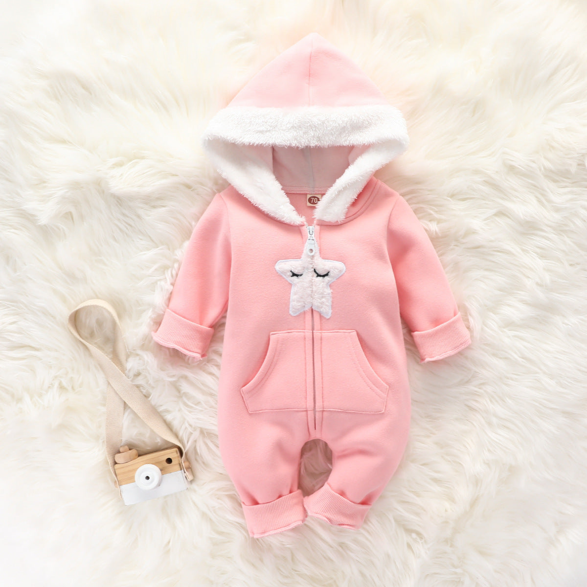 Baby Cute Furry Star Moon Printed Hooded Jumpsuit