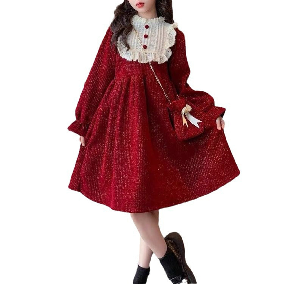 Children's lace collar fleece dress