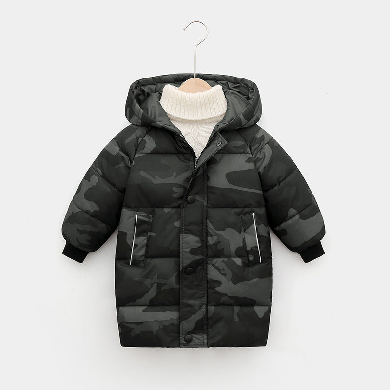 Boys' long winter thickened camouflage down jacket