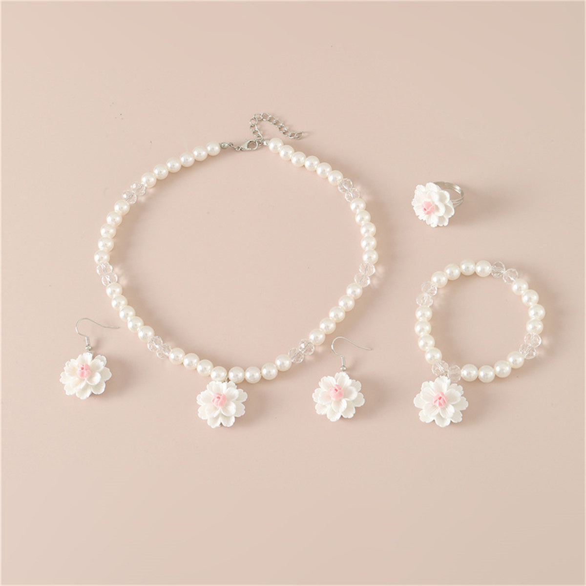 Children's 4-piece design sweet style imitation pearl flower pendant jewelry set