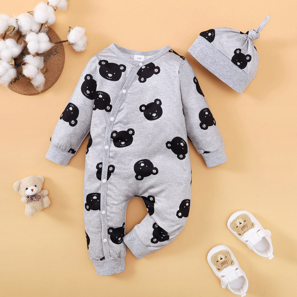 2-piece Baby Boy Allover Bear Printed Long-sleeved Long-leg Romper & Matching Infant Hat