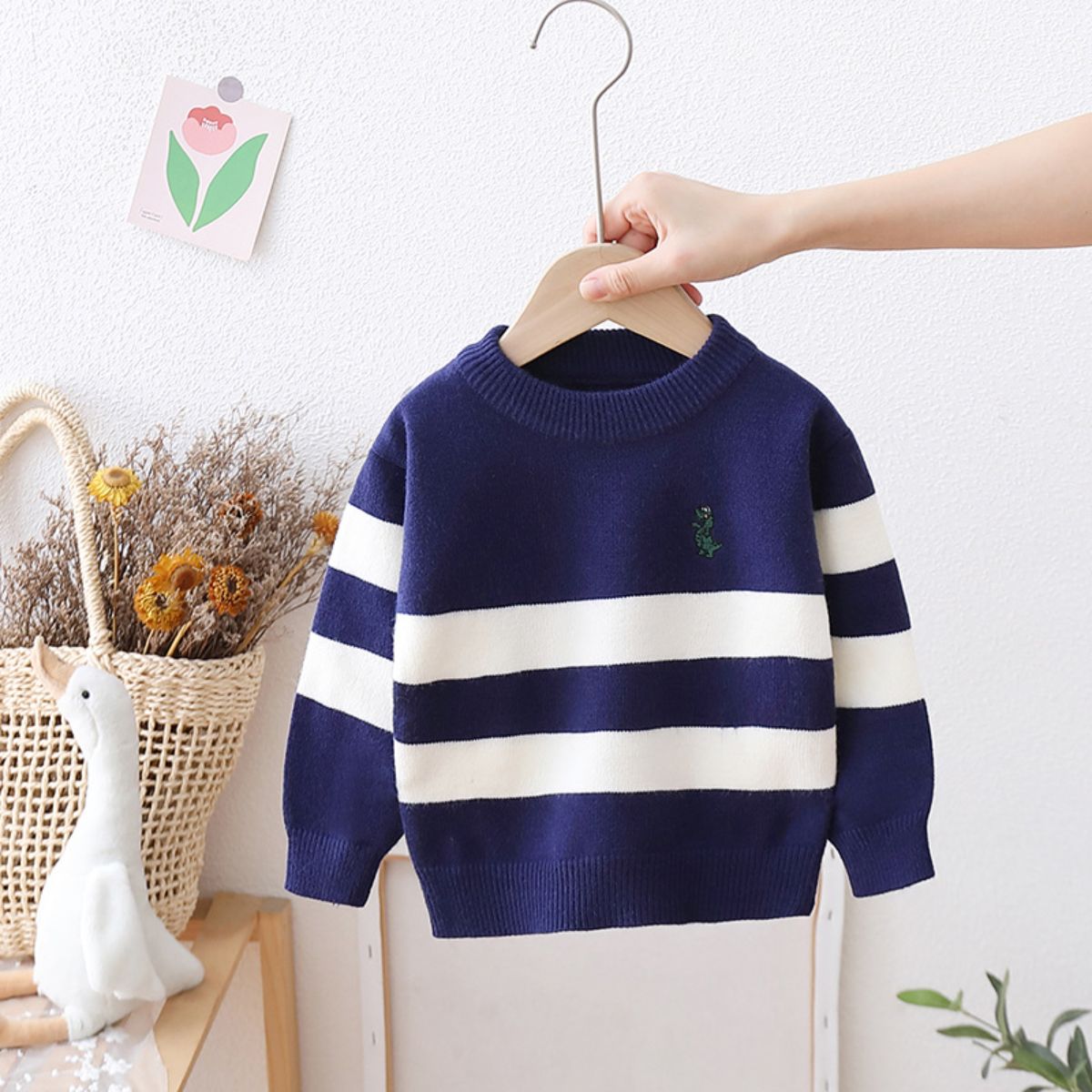 Children's sweater girl new style baby warm autumn and winter wool top boy knitted striped pullover