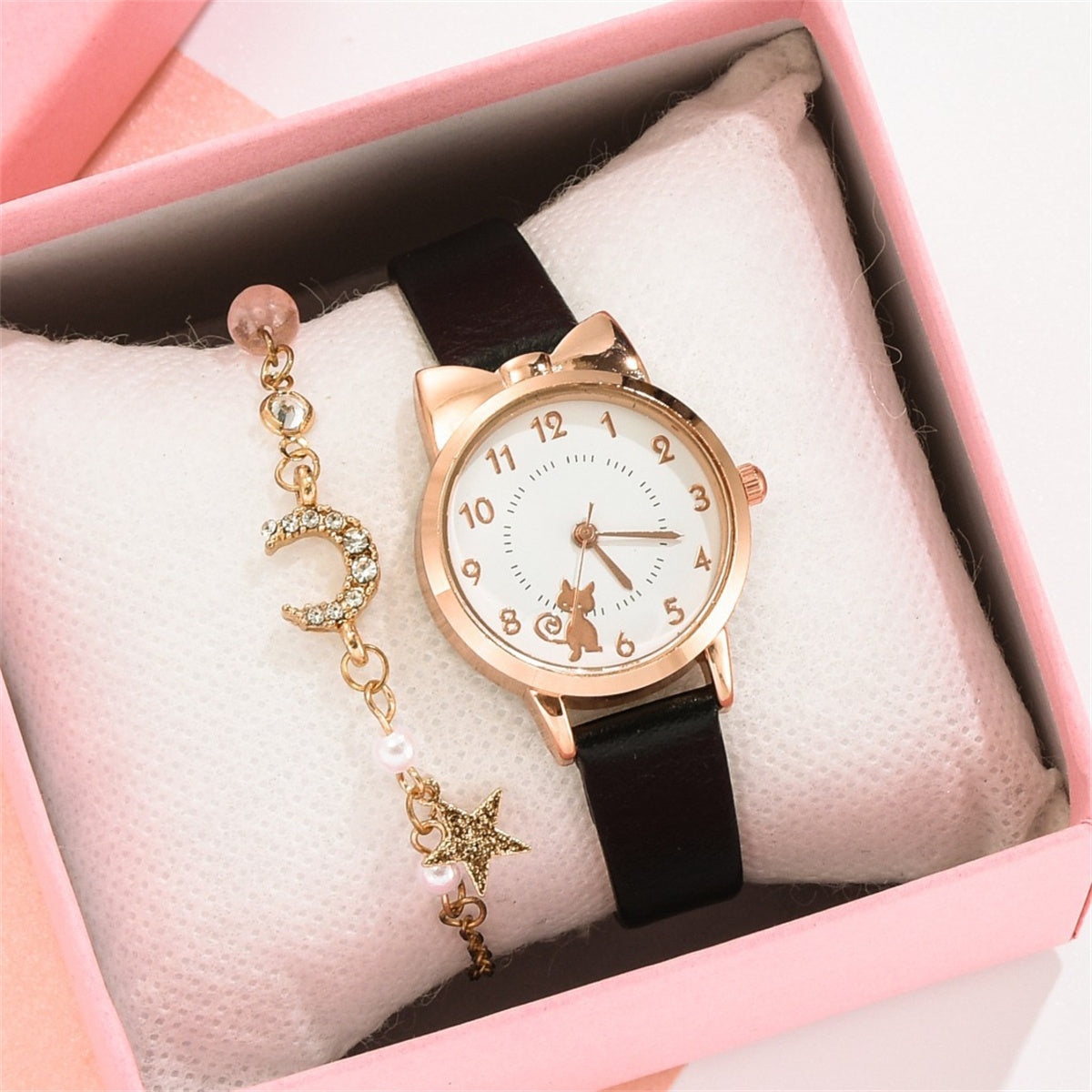 Children's Girls 2-piece Set Lady Style Cute Bow Cat Exquisite Bracelet Watch