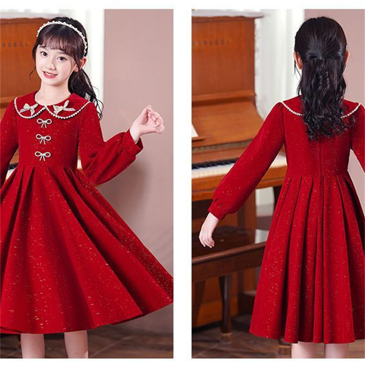 Winter solid color exquisite lady style shiny bow long sleeve dress for middle and large children girls