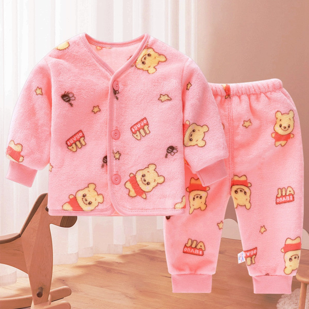 2 Pieces Baby Clothes Warm Flannel Cute Pentagram Bear Pattern Pajamas Set for Autumn and Winter