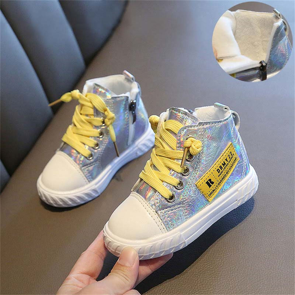 Winter velvet-lined bright-color sequined high-top canvas shoes for boys and girls