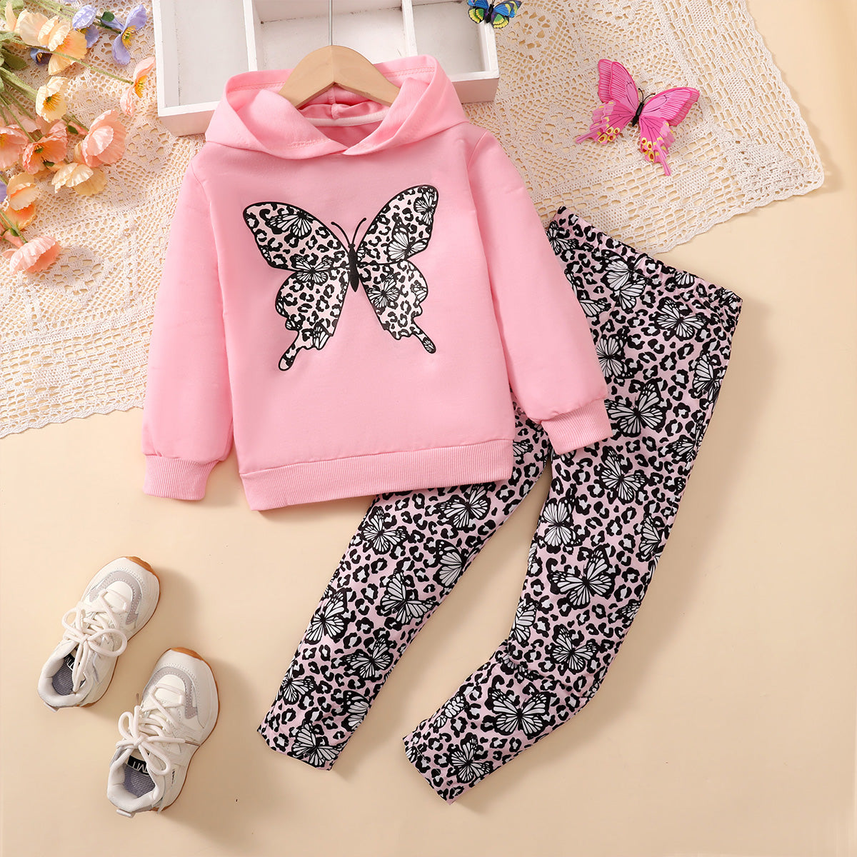 Girls butterfly print long sleeve hooded sweatshirt and leopard print leggings set