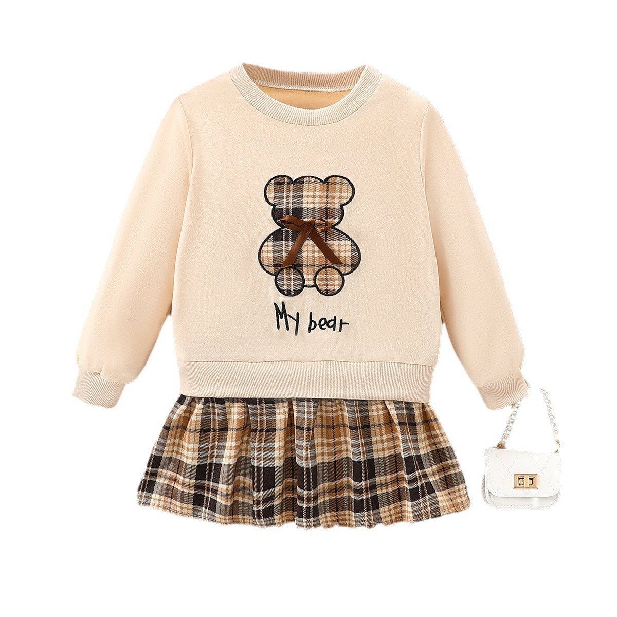 Teddy Bear Sweatshirt Plaid Skirt Two-piece Children's Set