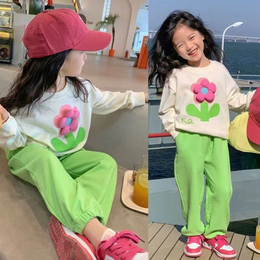 Girls suits new spring and autumn a complete set of children's three-dimensional flower sweater trousers two-piece suit