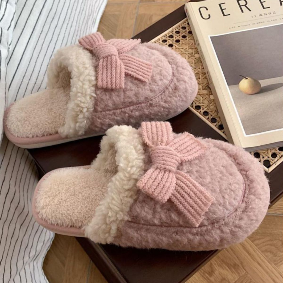 Bowknot warm non-slip plush cotton slippers