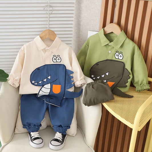 Autumn new boys cartoon 3D dinosaur shirt and pants suit