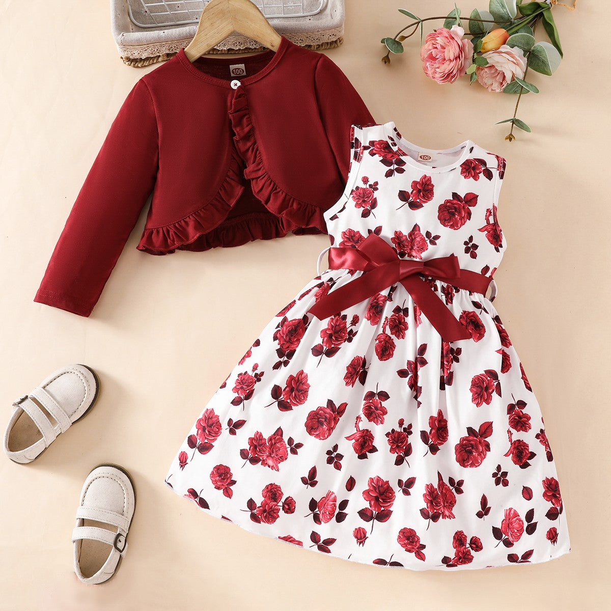 Girls' four seasons suit dress, elegant lady style sleeveless floral waist dress with belt + ruffled cardigan short jacket two-piece suit