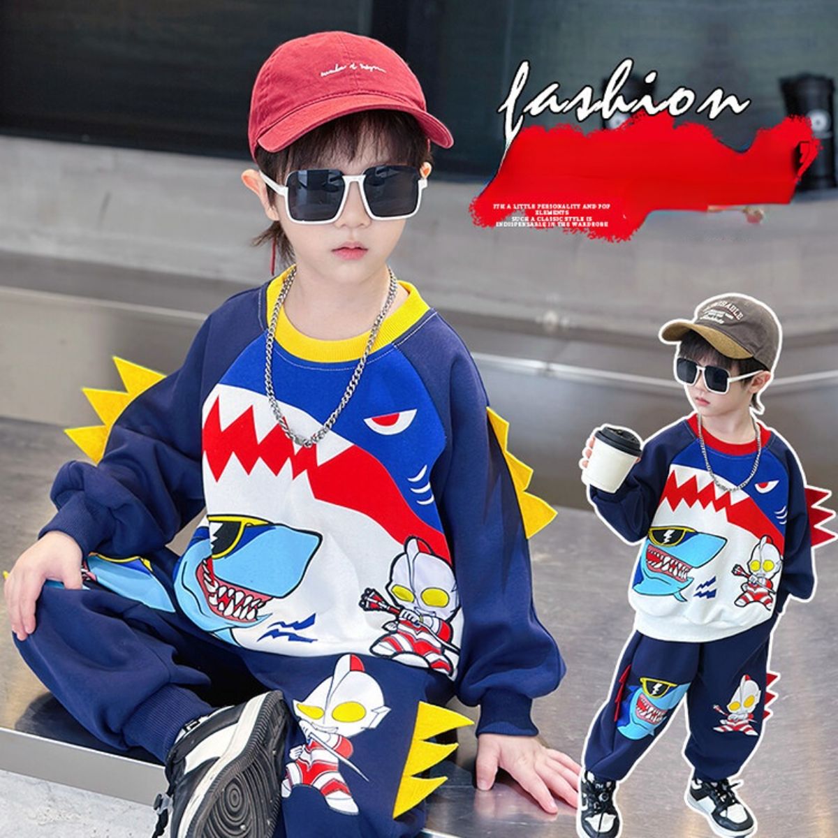 Boys Spring and Autumn Clothes Sawtooth Shark Ultraman Suit Children's Handsome Sweater Sports Baby Clothes Cool