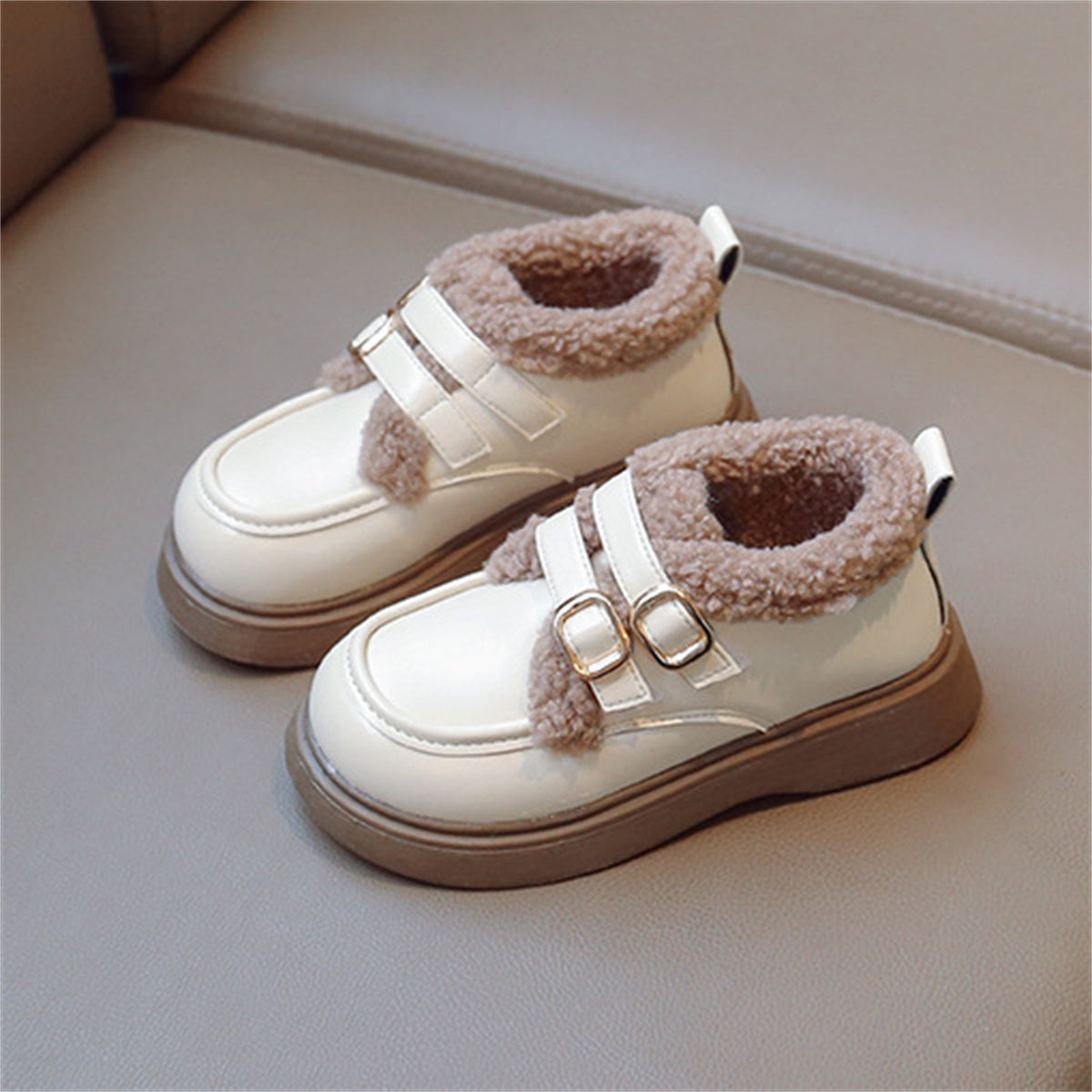 Children's girls' winter style British style plus velvet warm leather shoes low-top cotton shoes