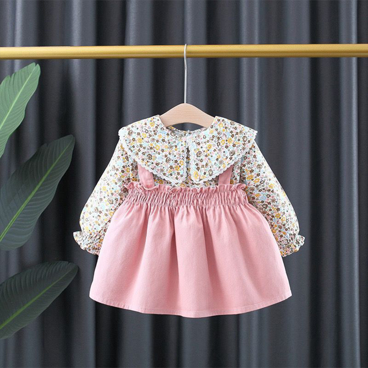 Spring and autumn new floral skirt girls fashionable fake two-piece dress