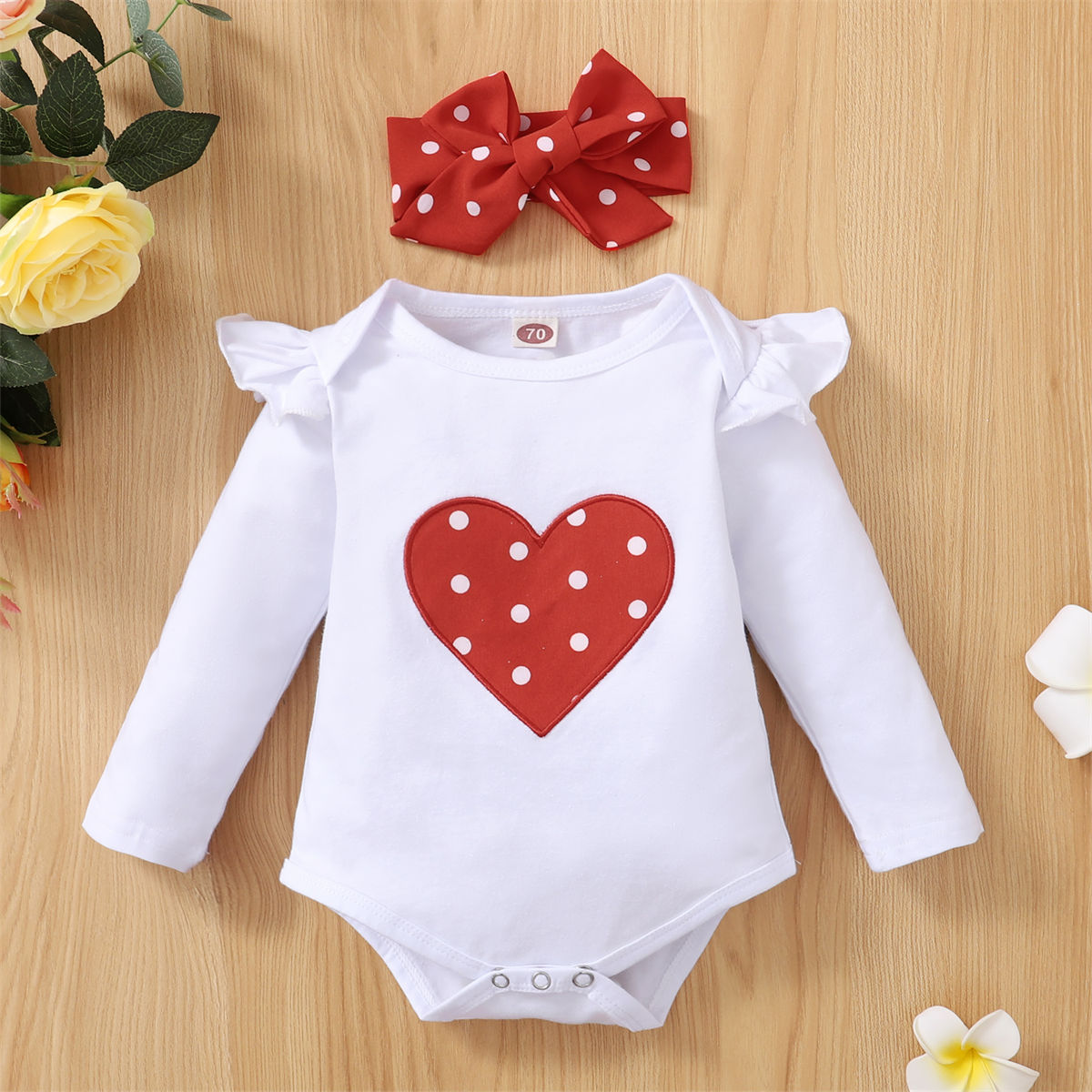 Heart Embroidered Polka Dot Romper Set + Headscarf