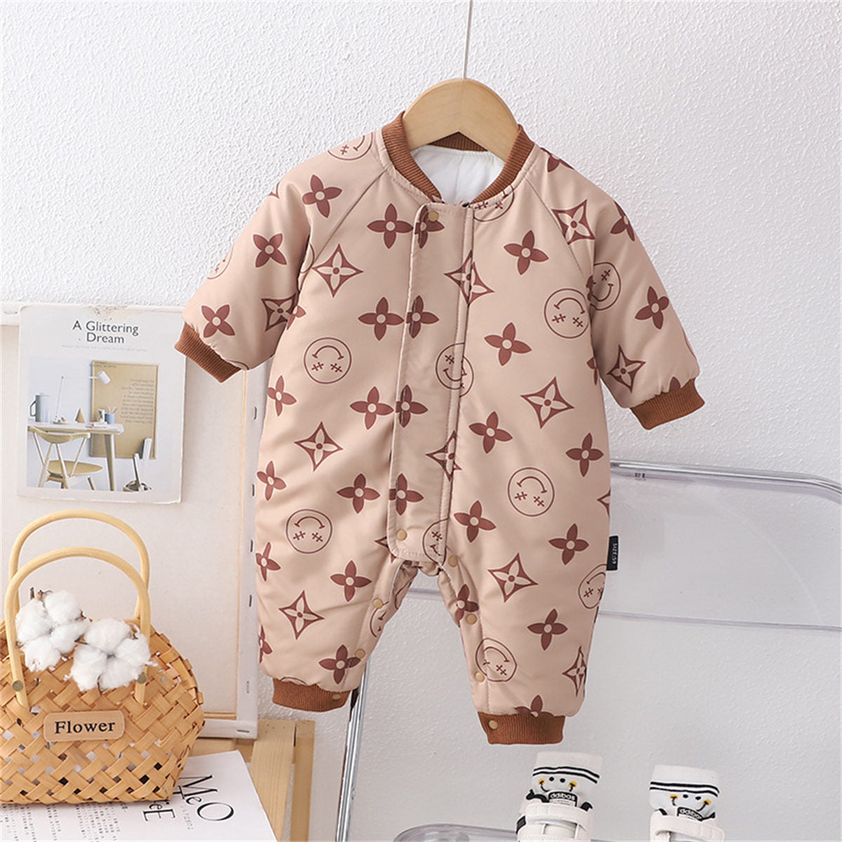 Baby winter thickened printed down cotton jacket romper