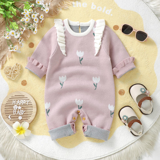 Baby autumn and winter long-sleeved tulip jacquard knitted long-legged romper