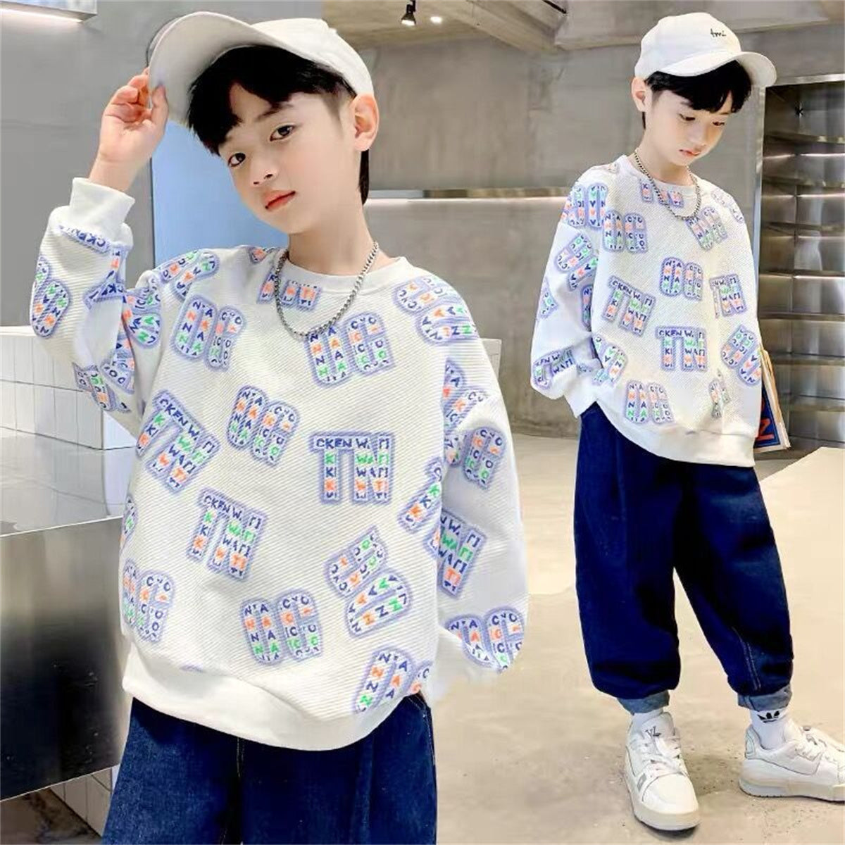 Children's round neck tops fashionable long-sleeved pullover T-shirt sweatshirt