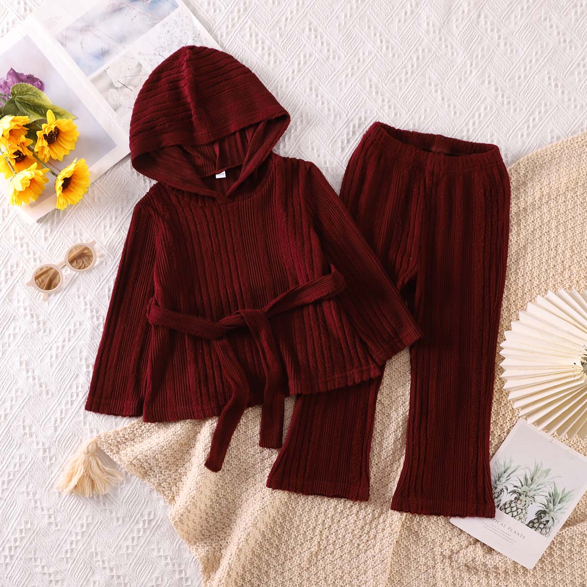 Girls' suit long-sleeved knitted casual pullover multi-color flared trousers sweatshirt two-piece suit