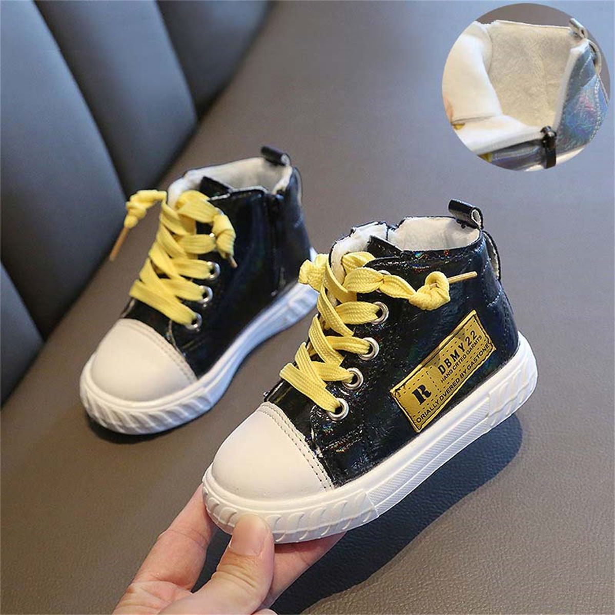 Winter velvet-lined bright-color sequined high-top canvas shoes for boys and girls