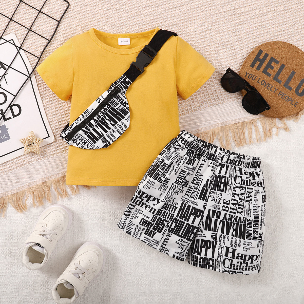 3-piece Toddler Boy Solid Color Short Sleeve T-shirt & Allover Letter Printed Shorts & Matching Crossbody Shoulder Bag