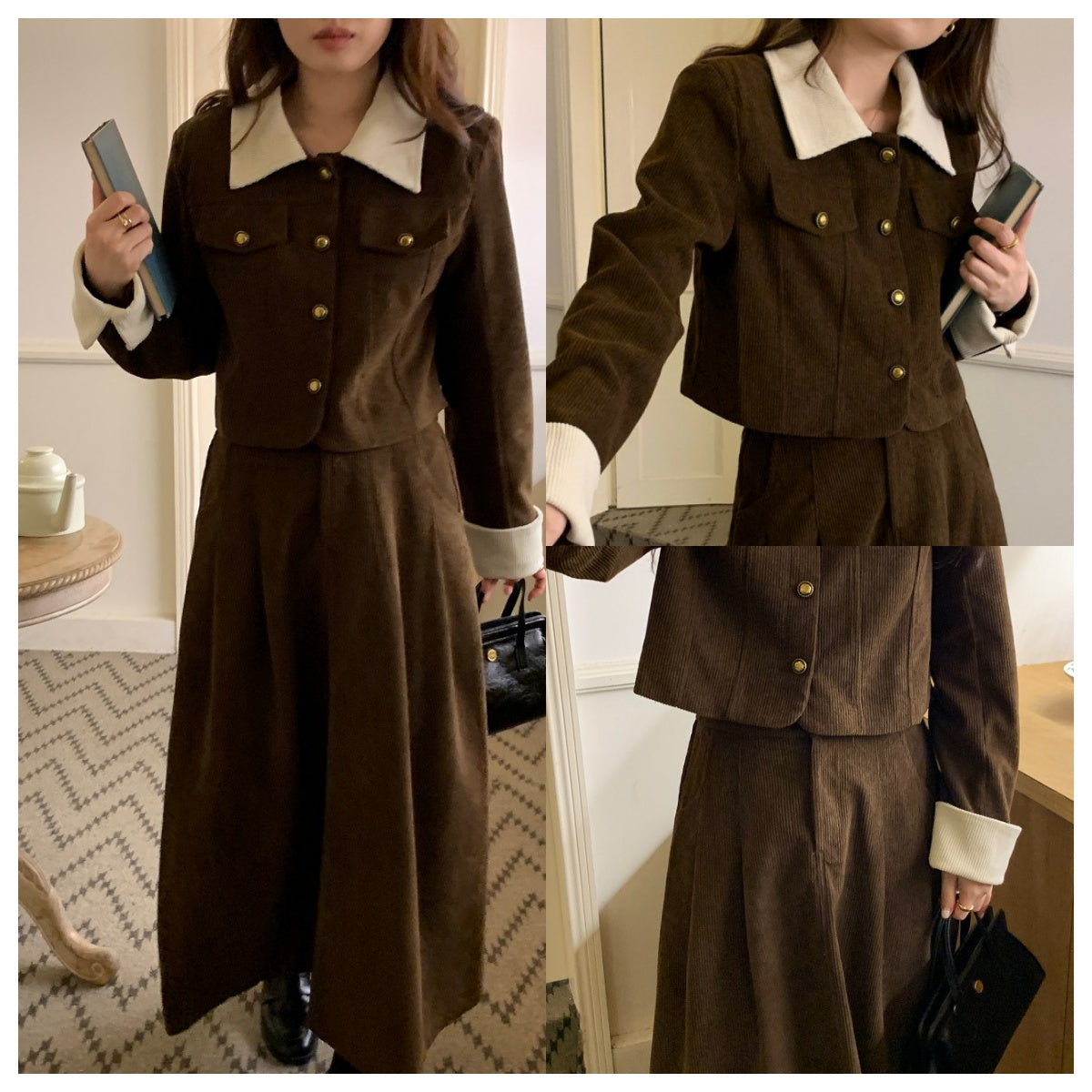 Corduroy contrast lapel short jacket + high waist skirt set