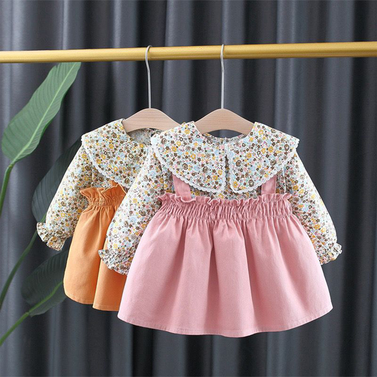 Spring and autumn new floral skirt girls fashionable fake two-piece dress