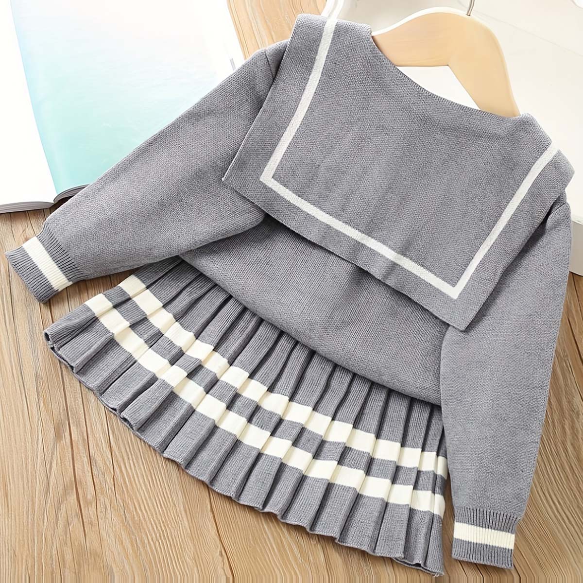 Autumn and winter girls knitted college style cute embroidered long-sleeved cardigan pleated skirt two-piece set