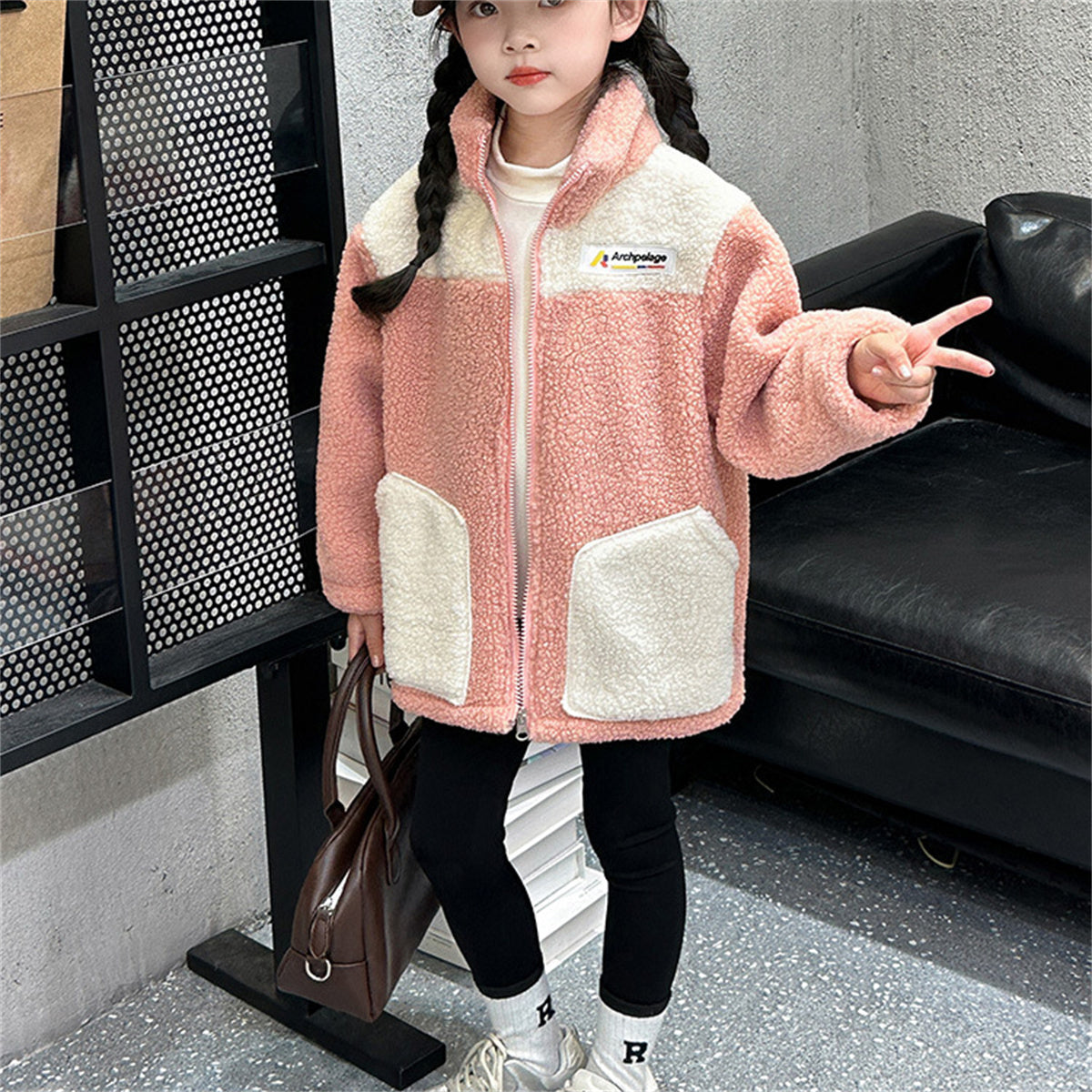 Winter plush and thickened color matching casual jacket for boys and girls