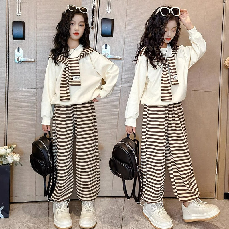 Big Kids Spring and Autumn New Temperament Shawl Tops and Trousers Striped Two-piece Set