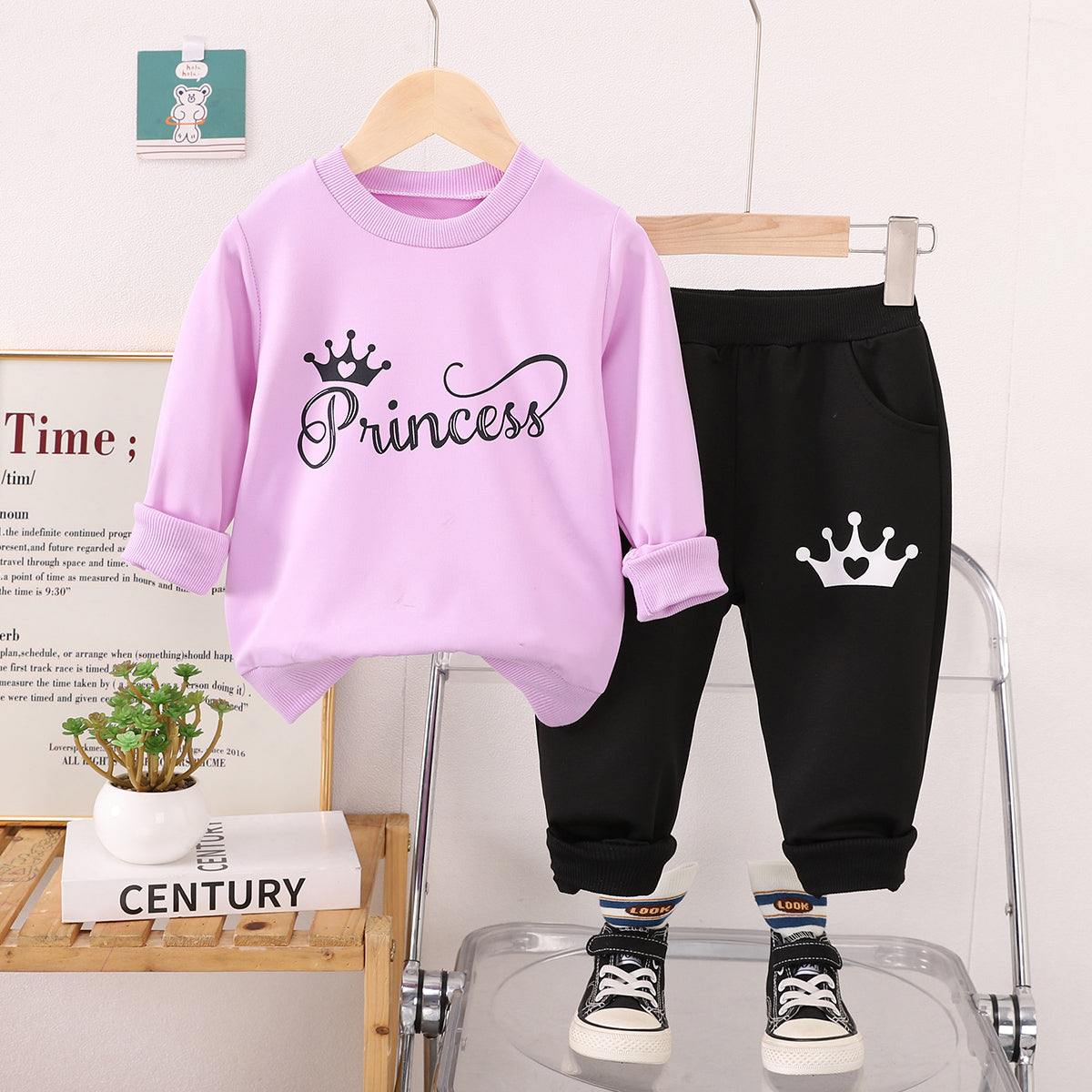 Children Girls Fashion Cartoon Crown Long Sleeve Sweater Suit