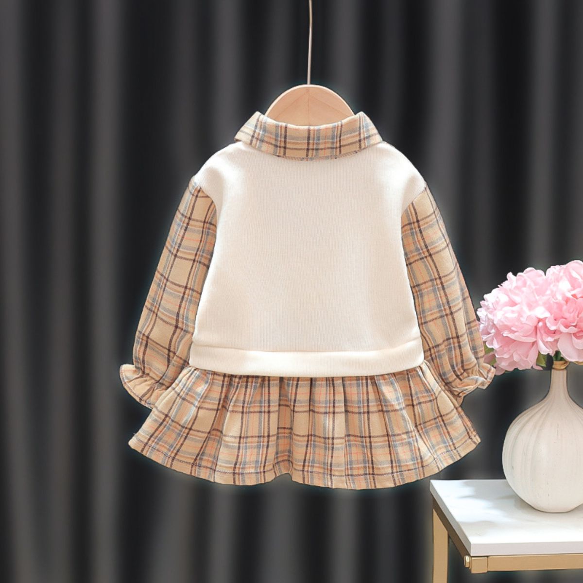 Girls Spring and Autumn Long Sleeve Plaid Dress Baby Children's Clothing College Style Skirt Princess Fake Two-piece