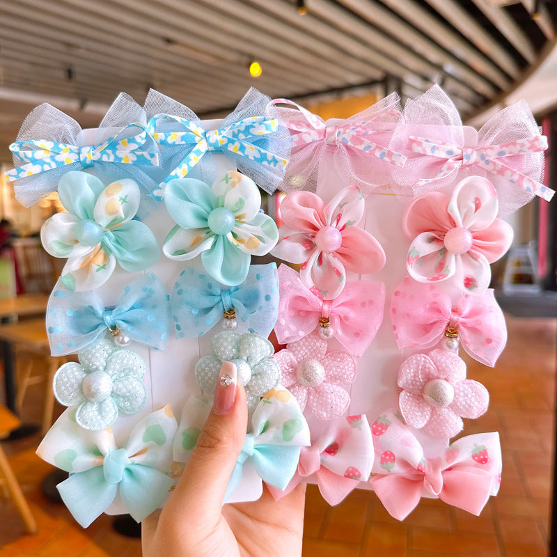 Children's 10-piece set of bow mesh flower wrapping cloth does not damage the hair duckbill hairpin