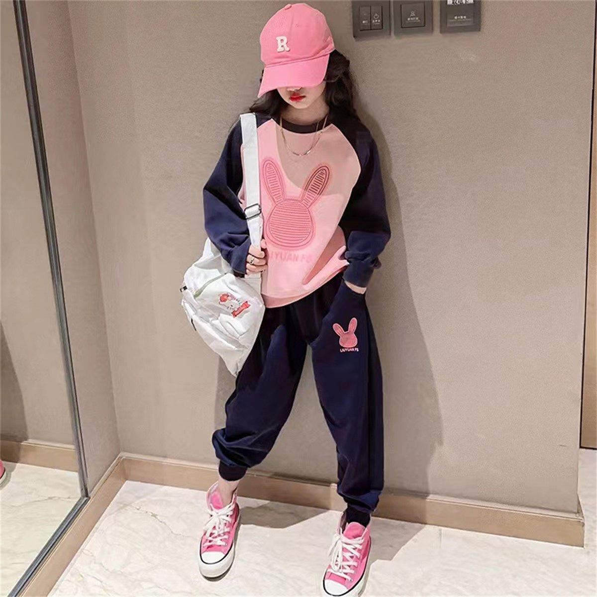 Girls Cartoon Rabbit Pattern Sweater Fashion Suit Sports Two-piece Suit