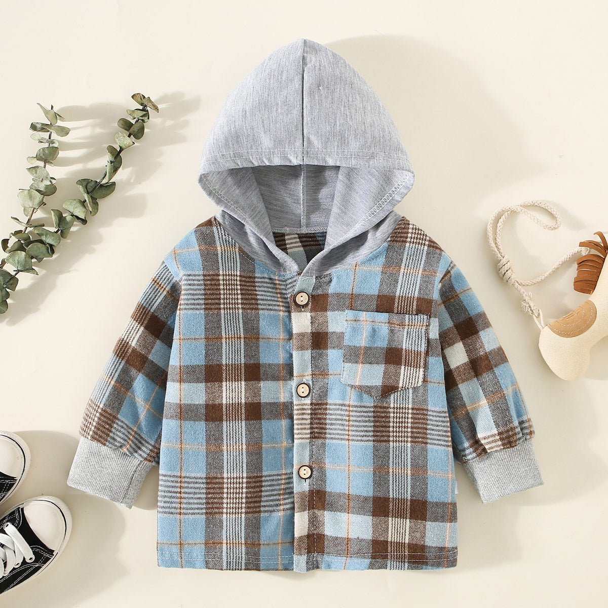 Children's spring and autumn shirts, children's clothing, boys' hooded plaid shirts, girls' baby long-sleeved plaid bottoming coats and tops