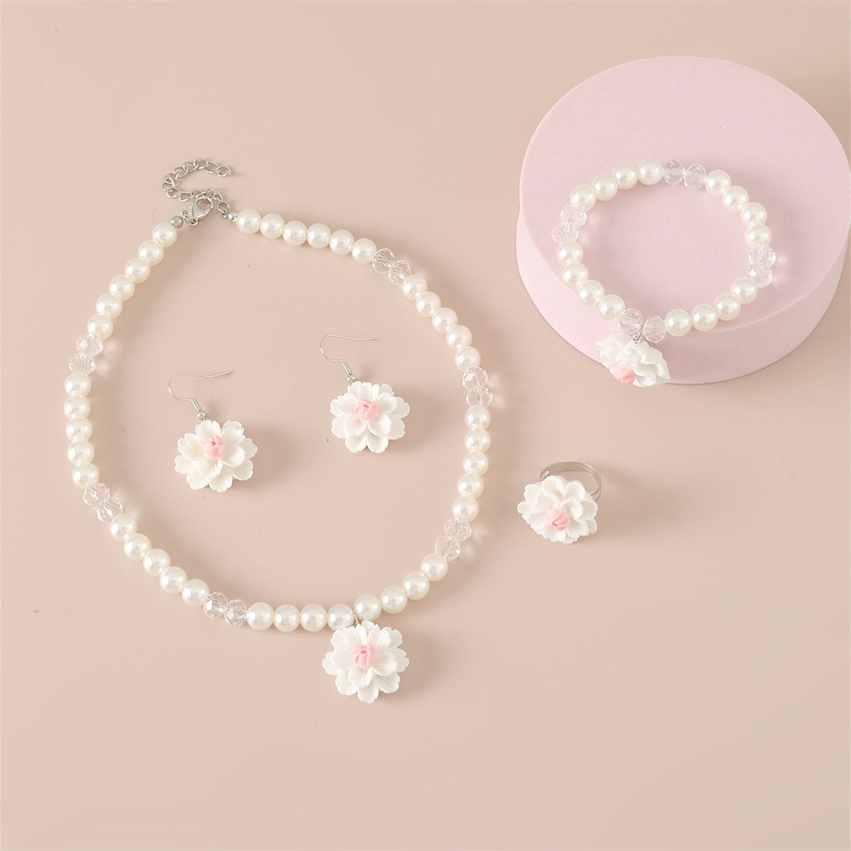 Children's 4-piece design sweet style imitation pearl flower pendant jewelry set