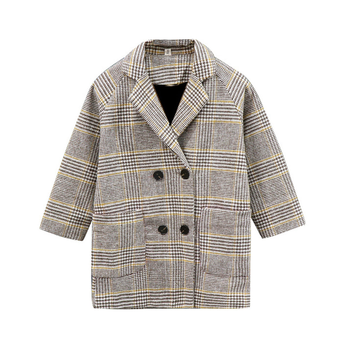 Girls' mid-length plaid woolen coat