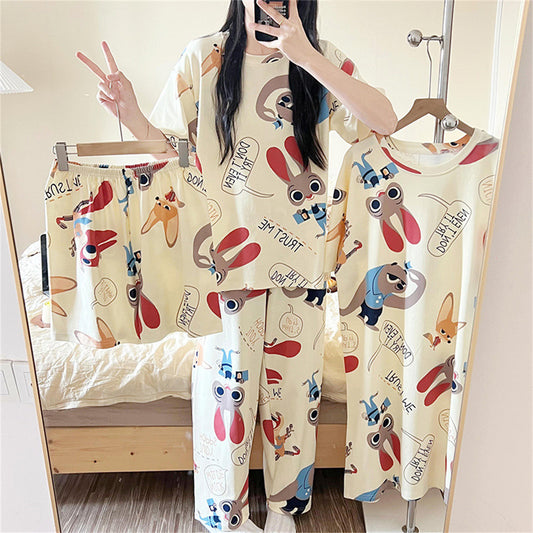 Adult imitation cotton loose four-piece short-sleeved nightgown trousers home clothes suit