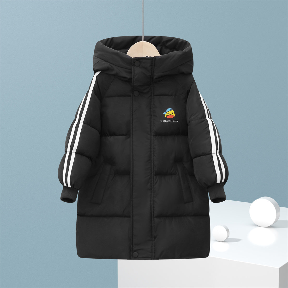 Winter yellow duck cute solid color waterproof warm long down jacket for boys and girls