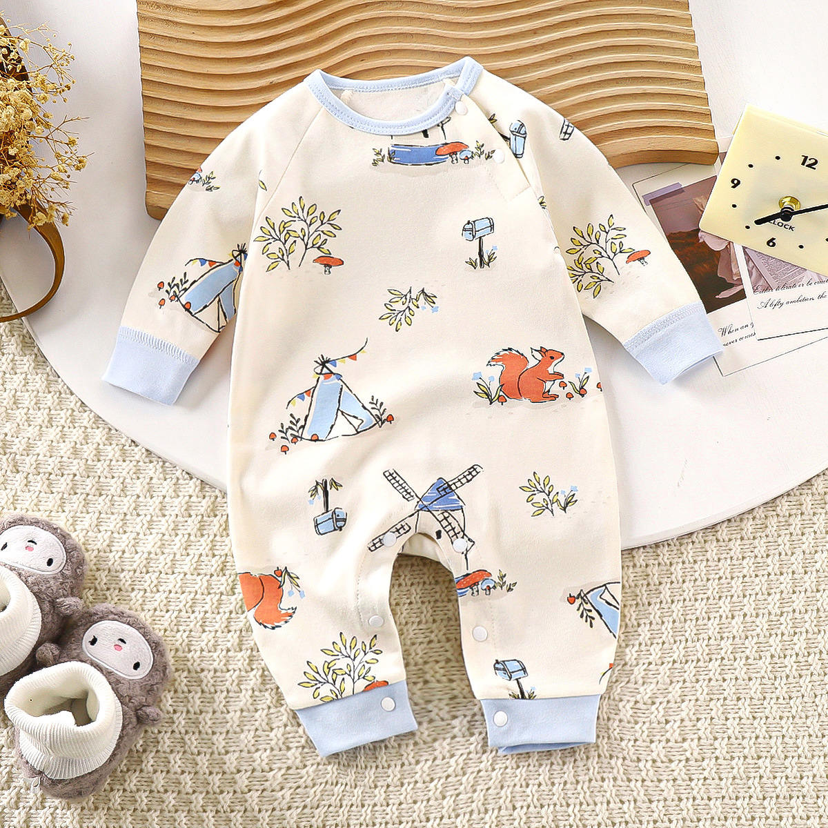 Baby Onesie Cartoon Long Sleeve Crawling Suit Newborn Clothes Cotton Boneless Hoodie