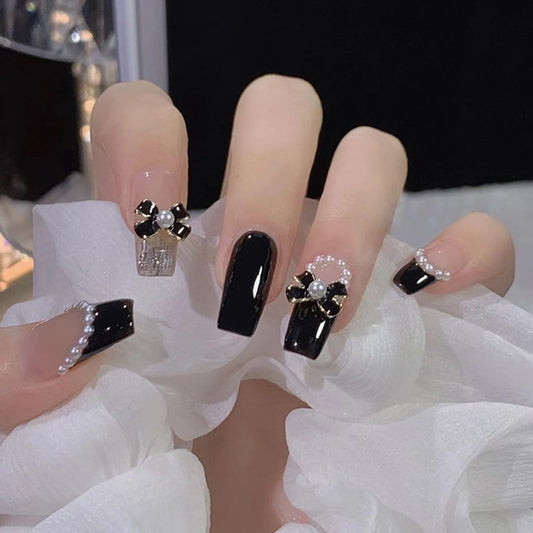 Small fragrance style pearl bow nail art dark series temperament black wear nail sweet cool false nail piece white new