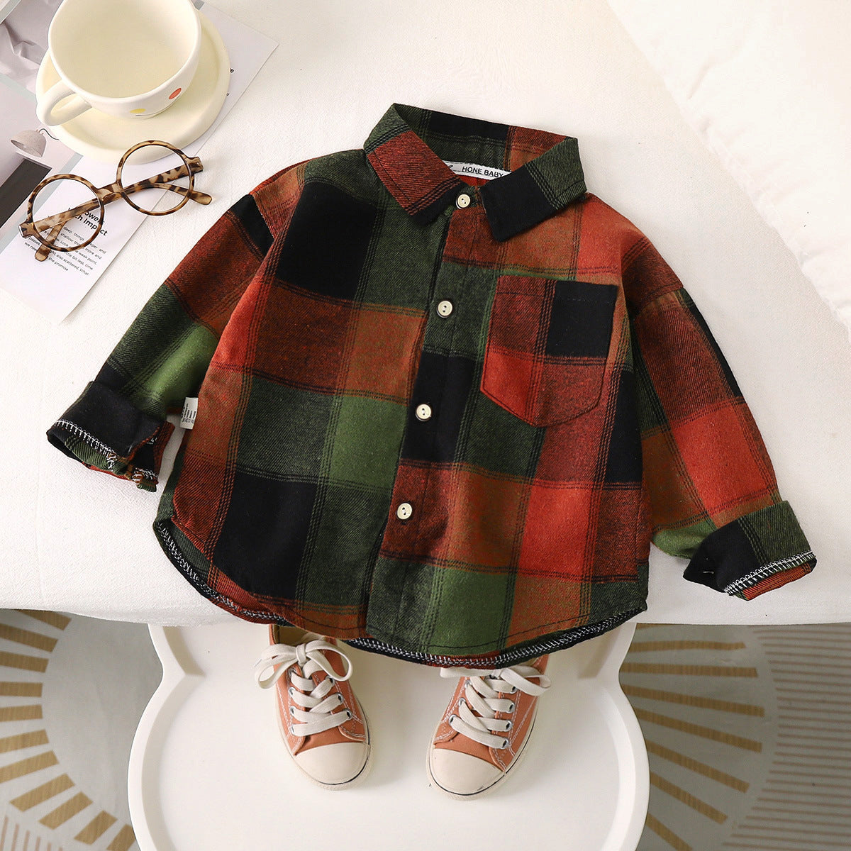 Autumn children's plaid coat shirt handsome casual long-sleeved shirt