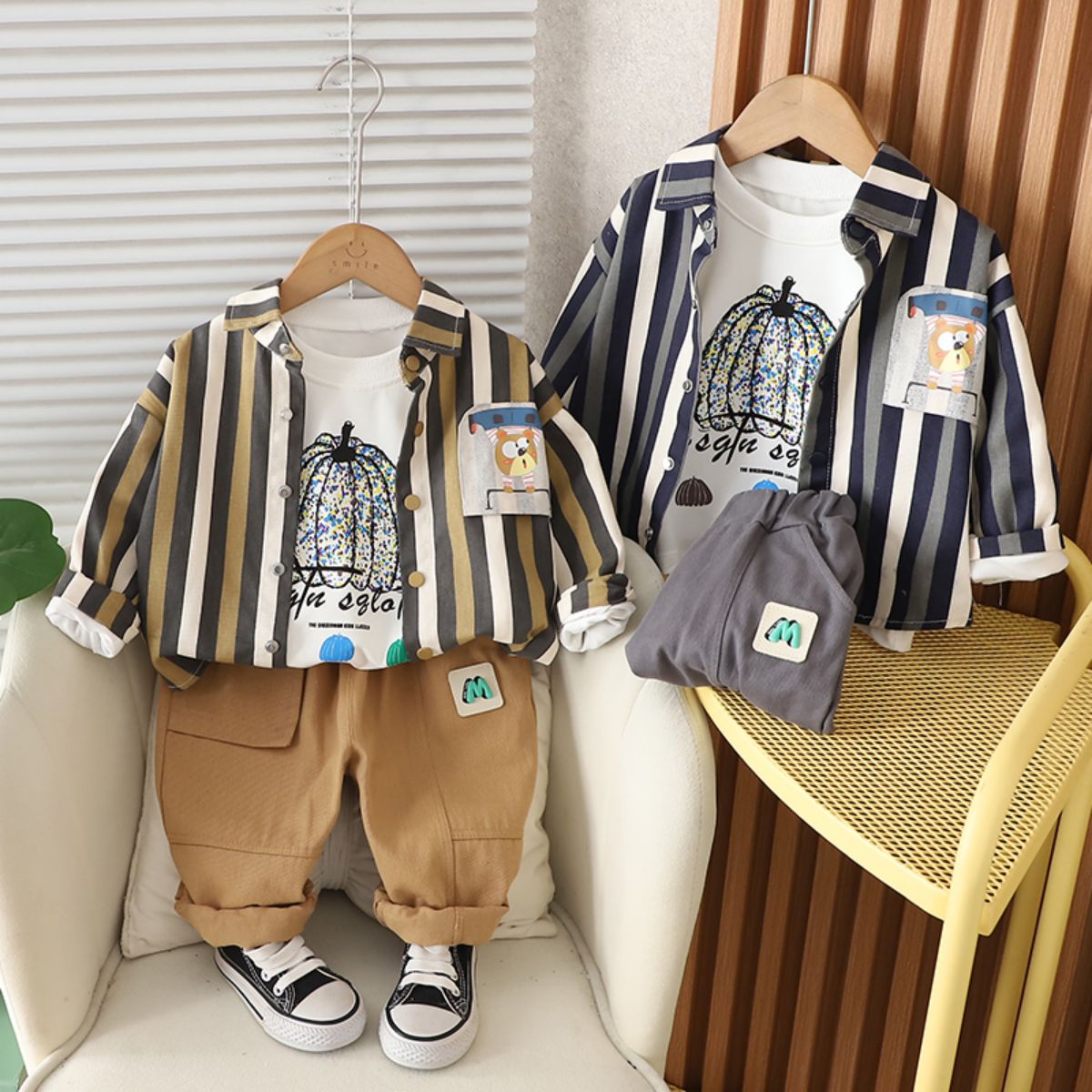 Children's autumn new cartoon animal shirt three-piece baby clothes autumn striped suit trendy