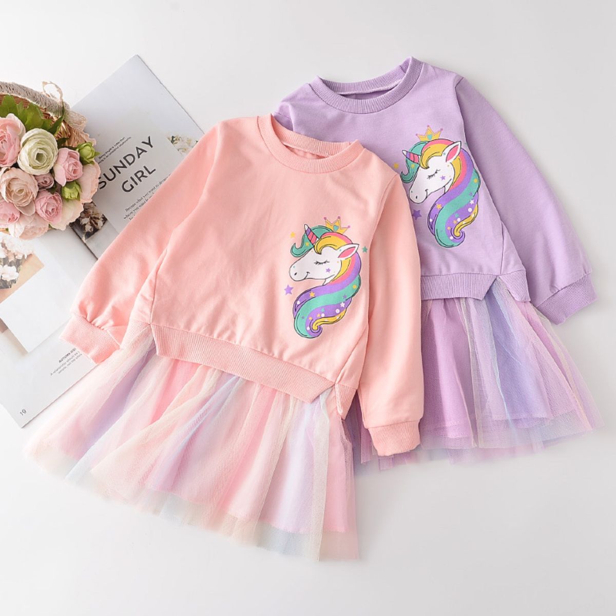 Autumn Girls Dress Girls Cartoon Sweater Mesh Splicing Dress Children's Clothing